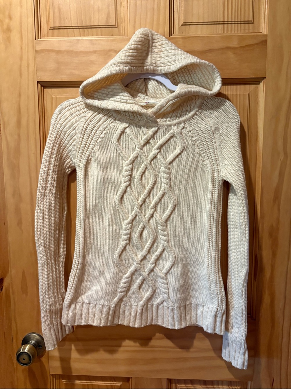 Athleta Cold Spell Cable Knit Hoodie Sweater Cream/Ivory Extra Fine Merino Wool